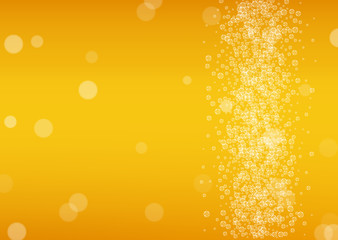 Beer bubbles background with realistic white foam.  Cool beverage for restaurant menu design, banners and flyers.  Yellow horizontal beer bubbles backdrop. Fresh cup of lager for brewery design.