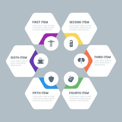 Flat geometric food, health, hotel, drinks infographic steps template with 6 options for presentations, advertising, annual reports.