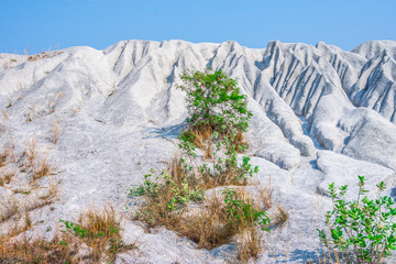 Misty mountains volcano valley ridges rock stone.