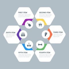 Flat geometric food, health, hotel, drinks infographic steps template with 6 options for presentations, advertising, annual reports.