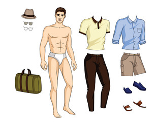Vector illustration of fit body guy with set of stylish summer clothes, shoes and accessories. Constructor with paper doll man and trendy mens outfit
