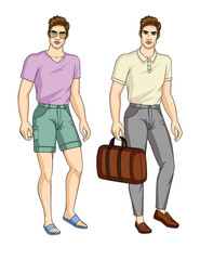 Vector set of mens stylish outfit for office, walk, and meetings in pastel palette. Trendy handsome guy wear casual clothes and accessories