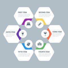 Flat geometric food, health, hotel, drinks infographic steps template with 6 options for presentations, advertising, annual reports.