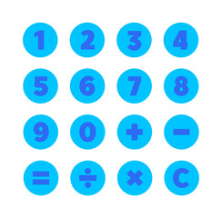 Numbers and Mathematical Symbols. Round vector icons set in flat style for web or mobile app. Blue color circle shape buttons for calculator interface design