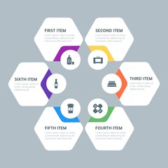 Flat geometric food, health, hotel, drinks infographic steps template with 6 options for presentations, advertising, annual reports.