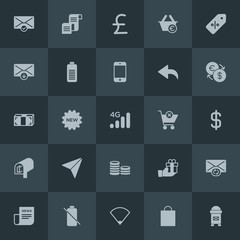 Modern Simple Set of money, mobile, email, shopping Vector fill Icons. Contains such Icons as magazine,  network, new,  money,  wifi, sale and more on dark background. Fully Editable. Pixel Perfect.