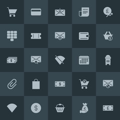 Modern Simple Set of money, mobile, email, shopping Vector fill Icons. Contains such Icons as  signal,  credit,  cart,  envelope, money,  no and more on dark background. Fully Editable. Pixel Perfect.