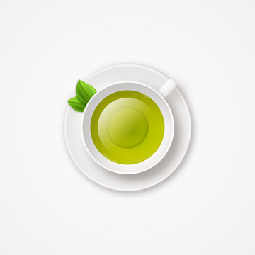 Cup of fresh green tea top view realistic vector illustration