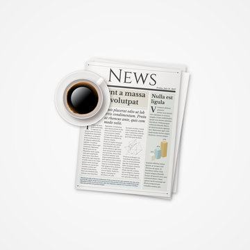 Realistic vector coffee cup and newspaper. Morning breakfast news concept.