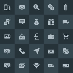 Modern Simple Set of money, mobile, email, shopping Vector fill Icons. Contains such Icons as  mail,  web,  debit,  internet, wireless, mail and more on dark background. Fully Editable. Pixel Perfect.