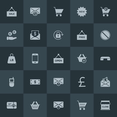 Modern Simple Set of money, mobile, email, shopping Vector fill Icons. Contains such Icons as  gift,  currency,  cash,  cart, delete,  card and more on dark background. Fully Editable. Pixel Perfect.