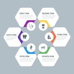 Flat geometric food, health, hotel, drinks infographic steps template with 6 options for presentations, advertising, annual reports.
