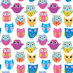 Fotobehang Seamless vector pattern with cartoon doodle owls. © Maria Cherevan