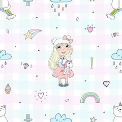 Cute hand drawn with cute little girl vector seamless pattern illustration