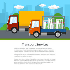 Road Transport and Logistics, Small Covered Truck and Cargo Van with Windows Drive on the Road on the Background of the City, Transport Services, Poster Flyer Brochure Design, Vector Illustration