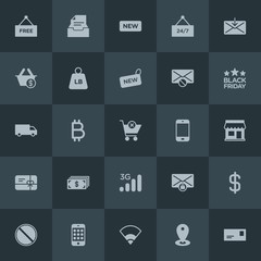 Modern Simple Set of money, mobile, email, shopping Vector fill Icons. Contains such Icons as  sticker, service,  position,  location, file and more on dark background. Fully Editable. Pixel Perfect.