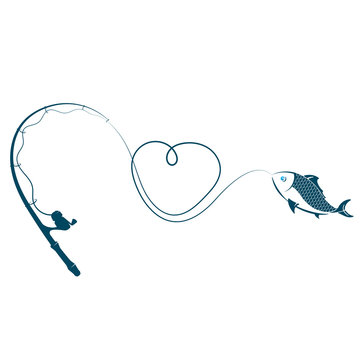 Fishing rod heart and fish