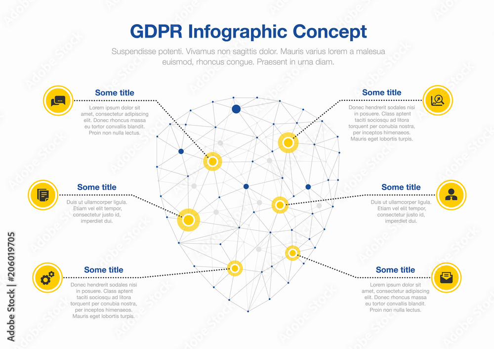 Poster european gdpr infographic concept with shield symbol made from network polygons as main symbol, isol