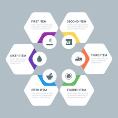 Flat geometric food, health, hotel, drinks infographic steps template with 6 options for presentations, advertising, annual reports.