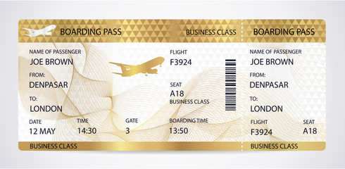 Golden Boarding pass (ticket, traveler check template) with aircraft (airplane or plane) silhouette on gold guilloche background. Travel by Aerial Transport. Vacation. Isolated vector on white - obrazy, fototapety, plakaty