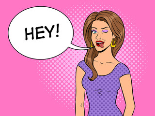 Beauty girl wink with tongue pop art vector