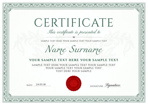 Certificate, Diploma of completion (design template, white background) with green Frame, Border, light Guilloche pattern (watermark) and red emblem