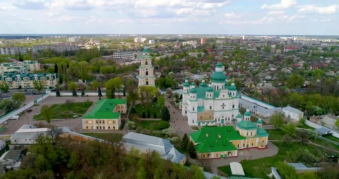 Aerial view at the town from the top of the highest buildings in Chernigov - Troitsko-Ilyinsky Monastery bell tower.