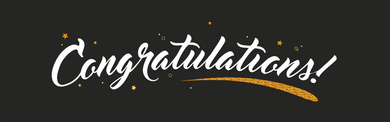 Congrats, Congratulations banner with glitter decoration. Handwritten modern brush lettering dark background. Vector Illustration for greeting - obrazy, fototapety, plakaty