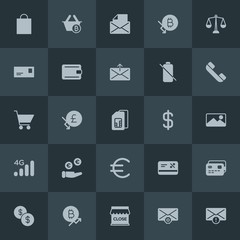 Modern Simple Set of money, mobile, email, shopping Vector fill Icons. Contains such Icons as  retail, letter,  money,  gift,  business and more on dark background. Fully Editable. Pixel Perfect.