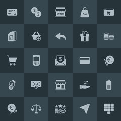 Modern Simple Set of money, mobile, email, shopping Vector fill Icons. Contains such Icons as friday,  number,  law, weight,  kilogram, shop and more on dark background. Fully Editable. Pixel Perfect.
