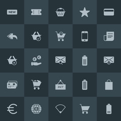 Modern Simple Set of money, mobile, email, shopping Vector fill Icons. Contains such Icons as  finance,  energy,  cash,  message, basket and more on dark background. Fully Editable. Pixel Perfect.