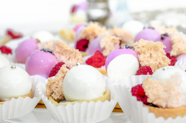   Candy Bar. Sweet round candy in pink and white glaze with raspberries on tartlets. Happy luxury birthday and wedding concept. Party sweets.