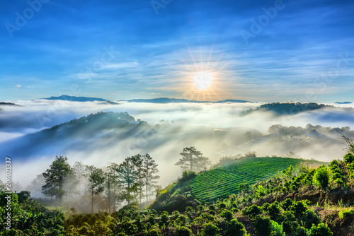 Sunrise Over Hillside As The Sun Rising From Horizon Reflect