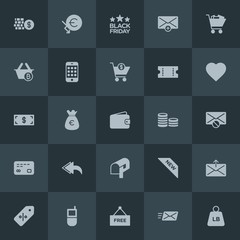 Modern Simple Set of money, mobile, email, shopping Vector fill Icons. Contains such Icons as  pounds, weight,  money,  sign, cart,  label and more on dark background. Fully Editable. Pixel Perfect.