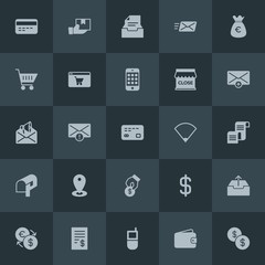 Modern Simple Set of money, mobile, email, shopping Vector fill Icons. Contains such Icons as  check, spam,  euro, mail, purse,  money,  usd and more on dark background. Fully Editable. Pixel Perfect.