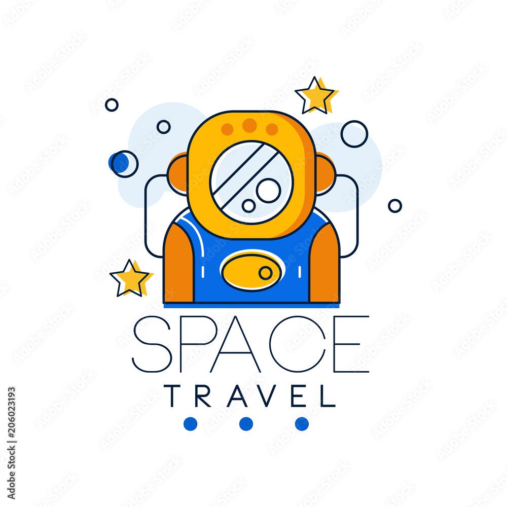 Sticker space travel logo design template, space mission and exploration label