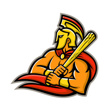 Mascot icon illustration of head of a Trojan or Spartan warrior wearing a helmet and holding a baseball bat viewed from side on isolated background in retro style.