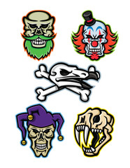 Mascot icon illustration set of skull heads and bones of a bearded hipster skull, whiteface clown skull, vulture or condor with crossed bones, court jester or joker skull and saber-toothed cat  viewed