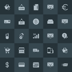 Modern Simple Set of money, mobile, email, shopping Vector fill Icons. Contains such Icons as  sign, delete,  orientation, banner, web,  pay and more on dark background. Fully Editable. Pixel Perfect.