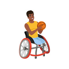 Afro-American guy without legs sitting in wheelchair and holding ball. Basketball player with disabilities. Flat vector design