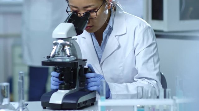 Tilt up medium shot of young Asian woman in lab coat, glasses and rubber gloves using microscope in laboratory, then looking at camera and smiling