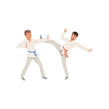 Two young men in kimonos training karate blows. Martial art. Active people. Flat vector design