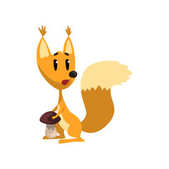 Cartoon funny squirrel character holding mushroom vector Illustration on a white background