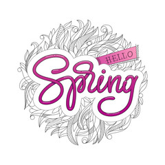 Hello Spring typography with hand sketched pattern on white isolated background. Badge typography icon. Lettering spring season with floral pattern for greeting card, invitation template.