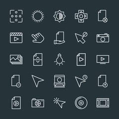 Modern Simple Set of video, photos, cursors, files Vector outline Icons. Contains such Icons as dark, movie, click,  background,  sky,  gift and more on dark background. Fully Editable. Pixel Perfect.