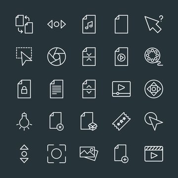 Modern Simple Set of video, photos, cursors, files Vector outline Icons. Contains such Icons as horizontal, file, music,  web, business, add and more on dark background. Fully Editable. Pixel Perfect.