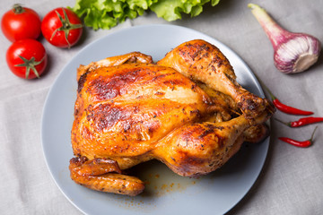 Chicken baked whole. Selective focus, close-up.