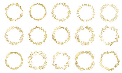 Set of 15 Handdrawn ink painted gold floral wreaths and laurels. Vintage vector golden elements for wedding, holiday and greeting cards, web, prind scrapbooking design and other. - 206025140
