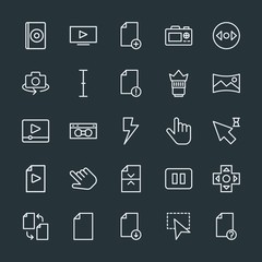 Modern Simple Set of video, photos, cursors, files Vector outline Icons. Contains such Icons as  web,  file, download,  internet,  business and more on dark background. Fully Editable. Pixel Perfect.