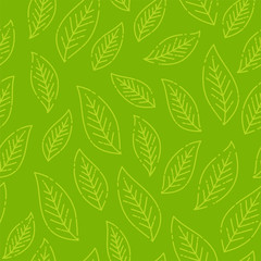 Naklejka na ściany i meble Green stylized leaf seamless pattern. Vector illustration, leaf background pattern. Template for wallpapers, site background, print design, cards, menu design, invitation. Vector illustration.